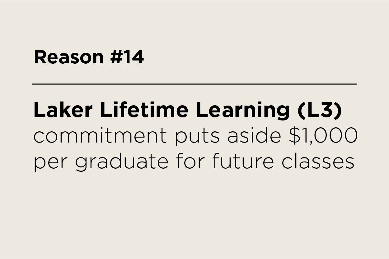 Laker Lifetime Learning (L3) commitment puts aside $1,000 per graduate for future classes.